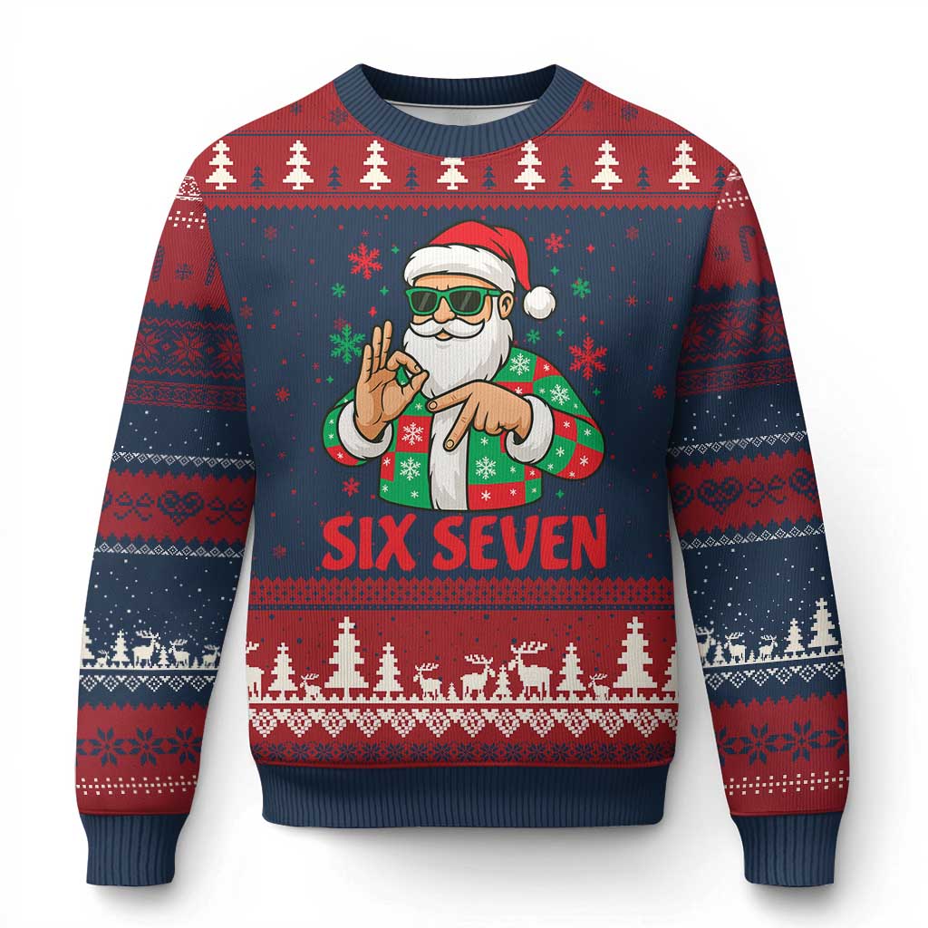 Cool Santa Six Seven Meme Xmas Ugly Christmas Sweater Funny 67 Holiday Hand Sign with Hipster Vibes - Wonder Print Shop