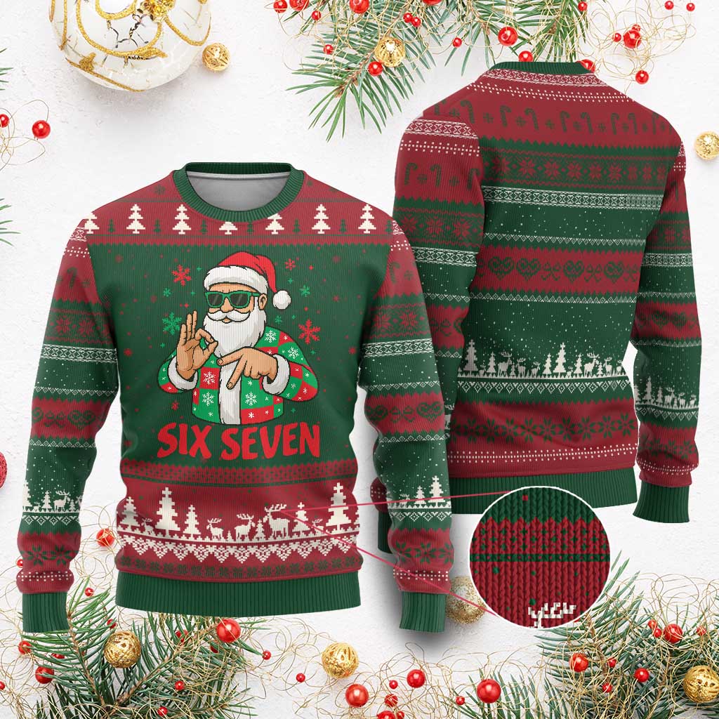 Cool Santa Six Seven Meme Xmas Ugly Christmas Sweater Funny 67 Holiday Hand Sign with Hipster Vibes - Wonder Print Shop