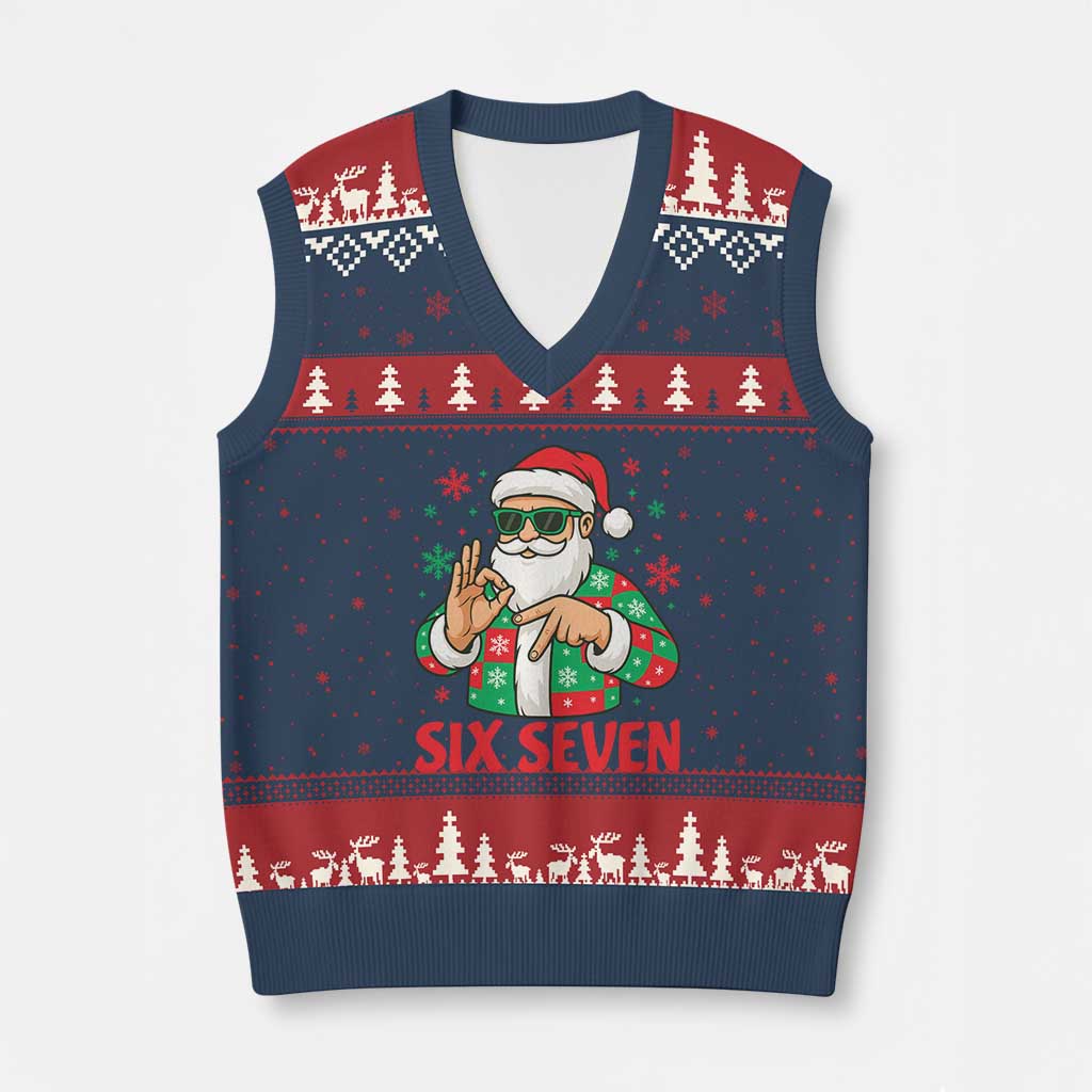 Cool Santa Six Seven Meme Xmas V-Neck Knit Sweater Vest Funny 67 Holiday Hand Sign with Hipster Vibes - Wonder Print Shop