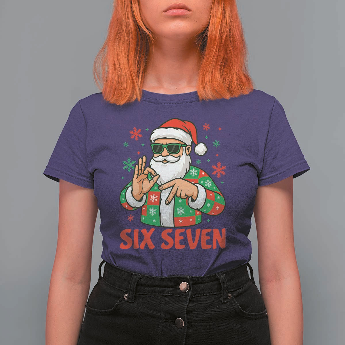 Cool Santa Six Seven Meme Christmas T Shirt For Women Funny 67 Holiday Hand Sign with Hipster Vibes - Wonder Print Shop
