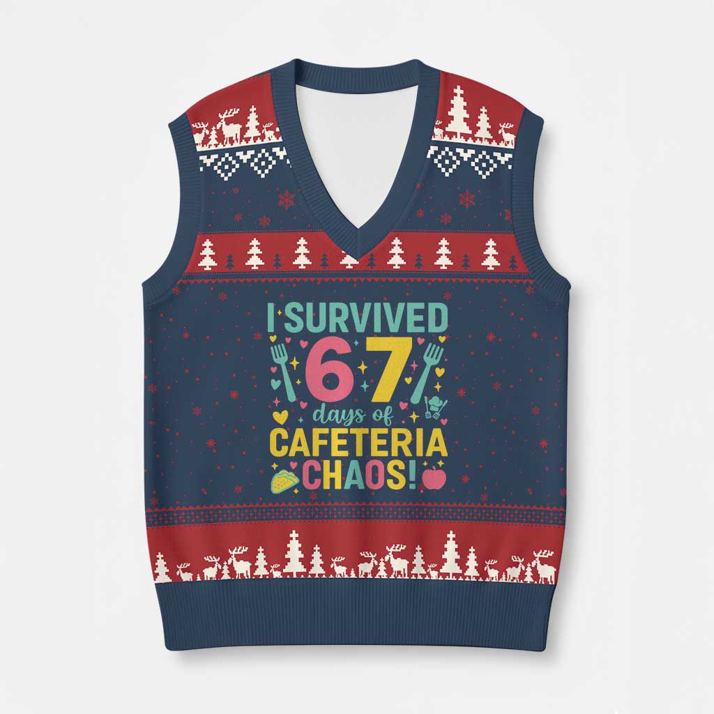 I Survived 67 Days of Cafeteria Chaos V-Neck Knit Sweater Vest Funny School Lunch Duty - Wonder Print Shop