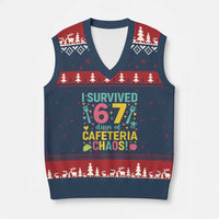 I Survived 67 Days of Cafeteria Chaos V-Neck Knit Sweater Vest Funny School Lunch Duty - Wonder Print Shop
