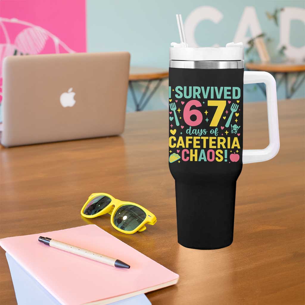 I Survived 67 Days of Cafeteria Chaos Tumbler With Handle Funny School Lunch Duty - Wonder Print Shop