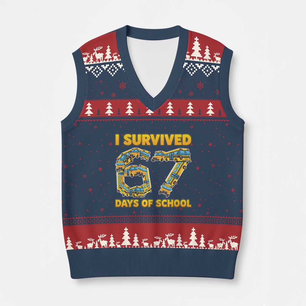 Funny School Bus Driver V-Neck Knit Sweater Vest I Survived 67 Days of School - Wonder Print Shop