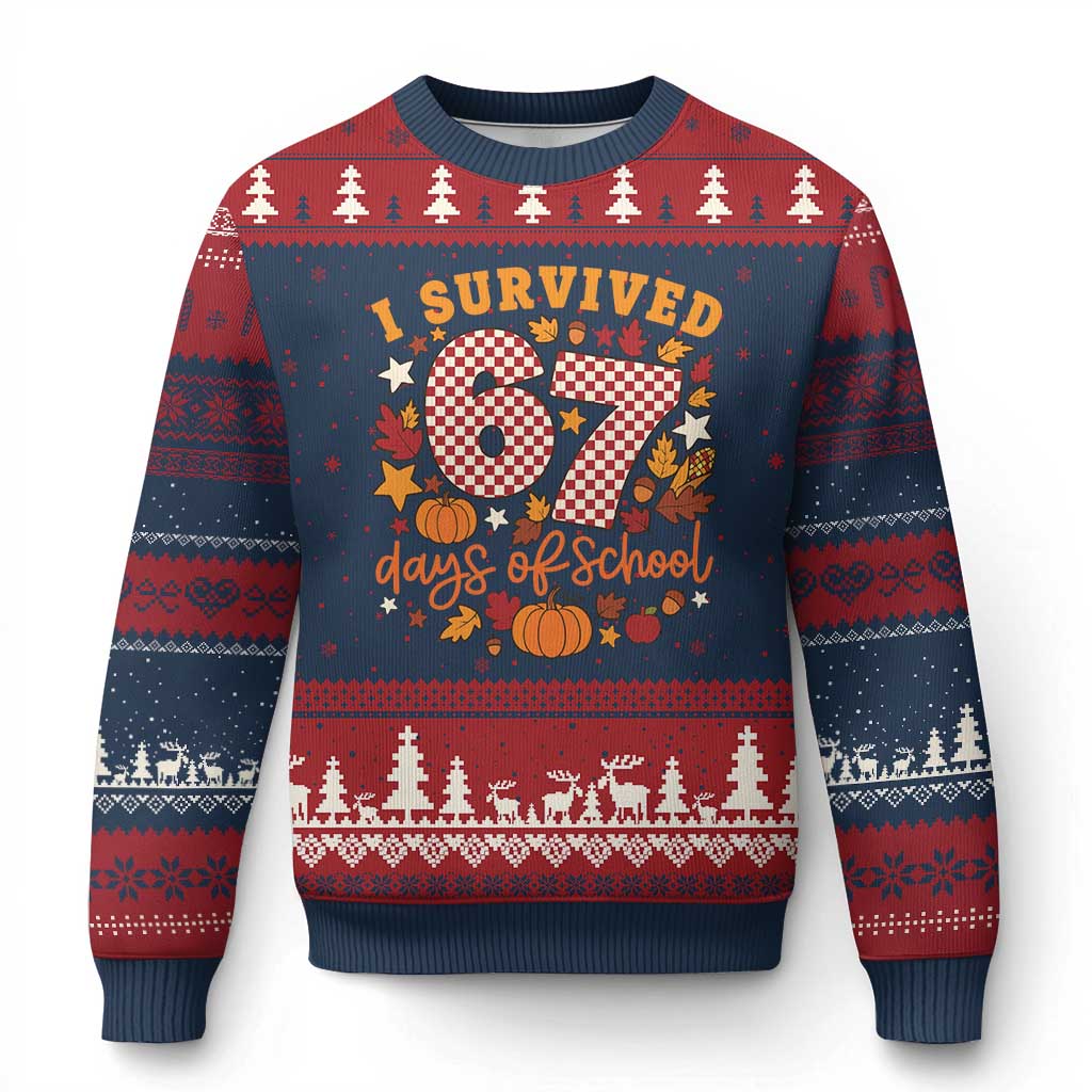 I Survived 67 Days of School Ugly Christmas Sweater Autumn Fall Leaves Back To School - Wonder Print Shop