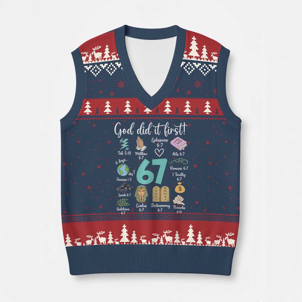 God Did It First 6 7 V-Neck Knit Sweater Vest Funny Christian Bible Verse Meme 67 References - Wonder Print Shop