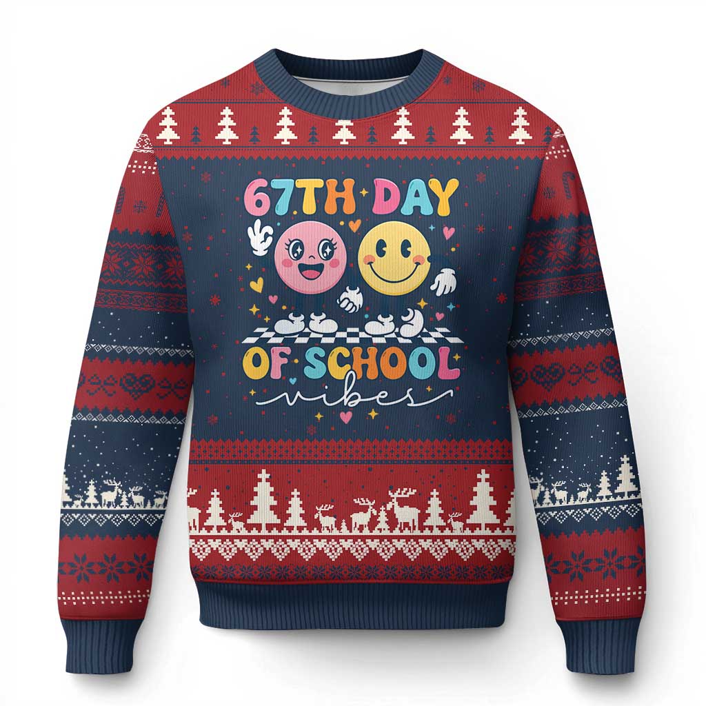 67th Day of School Vibes Ugly Christmas Sweater Cute Retro Smiling Face for Students & Teachers - Wonder Print Shop