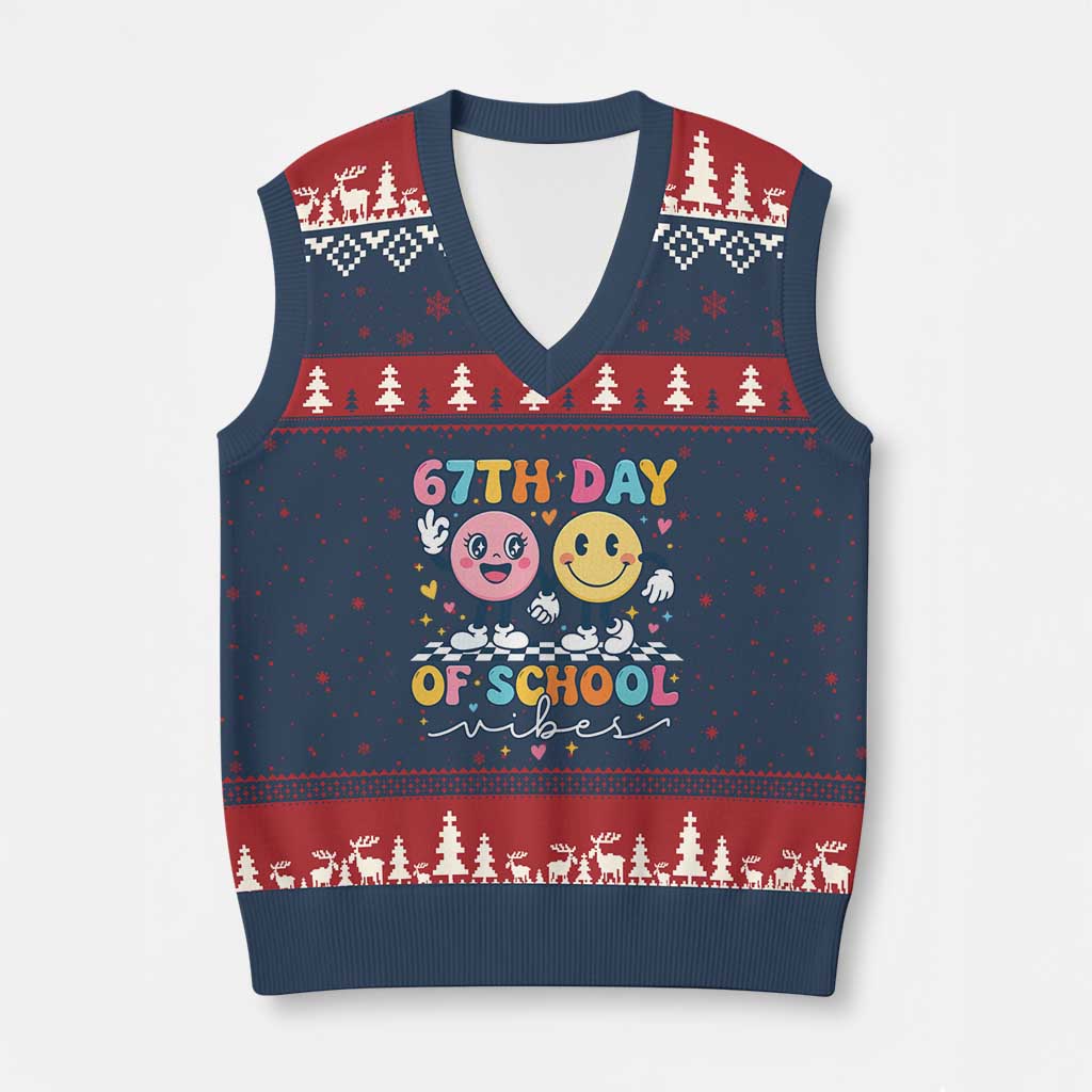 67th Day of School Vibes V-Neck Knit Sweater Vest Cute Retro Smiling Face for Students & Teachers - Wonder Print Shop