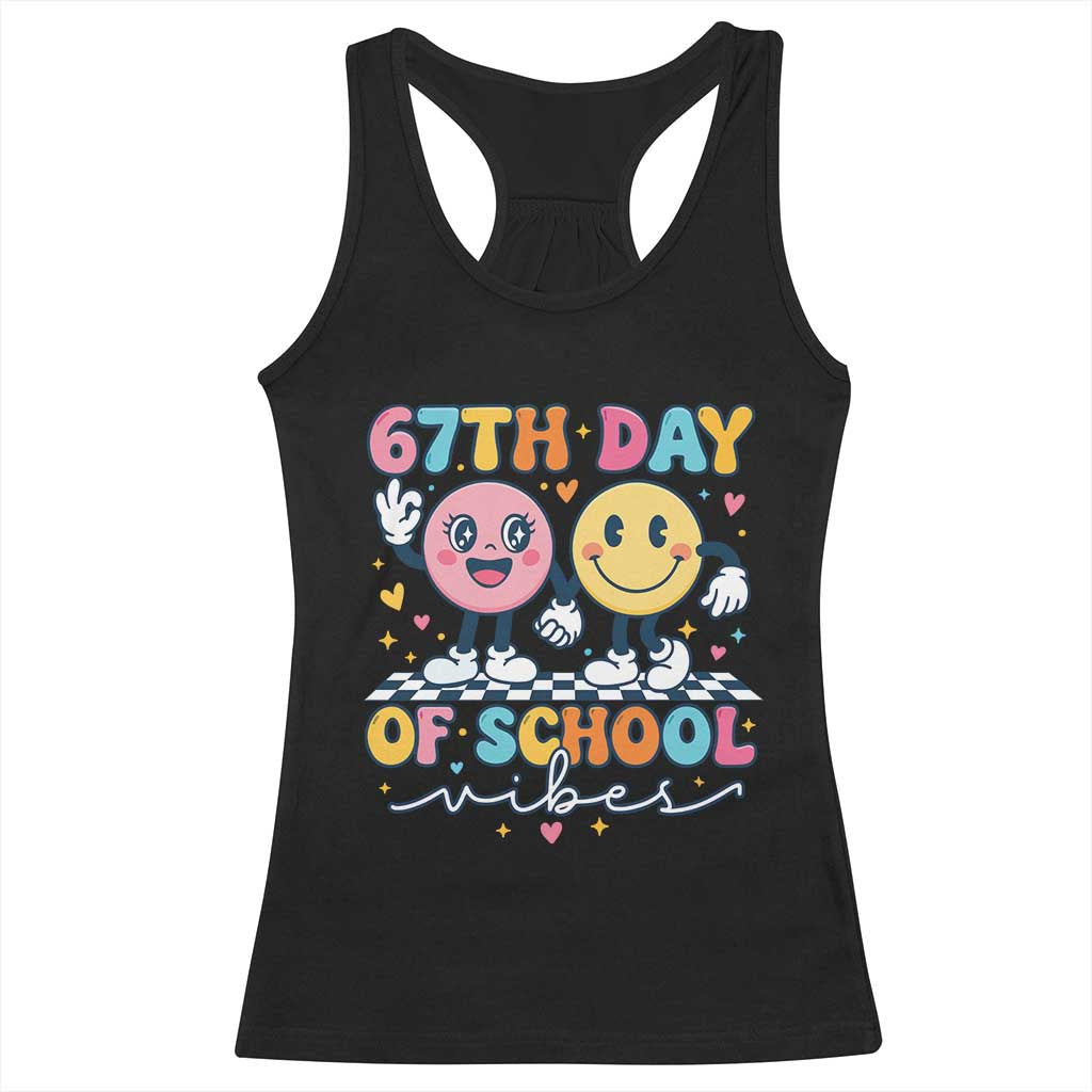 67th Day of School Vibes Racerback Tank Top Cute Retro Smiling Face for Students & Teachers - Wonder Print Shop
