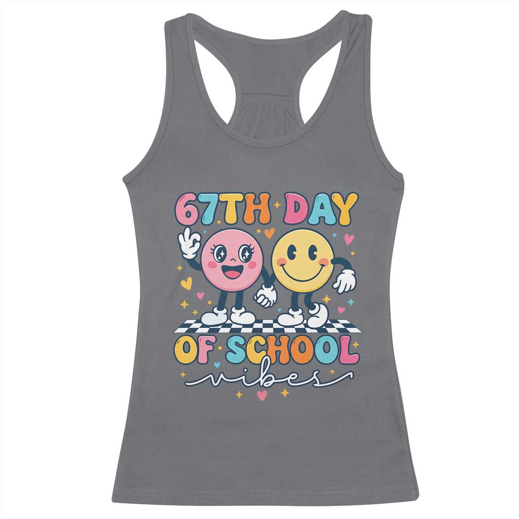 67th Day of School Vibes Racerback Tank Top Cute Retro Smiling Face for Students & Teachers - Wonder Print Shop