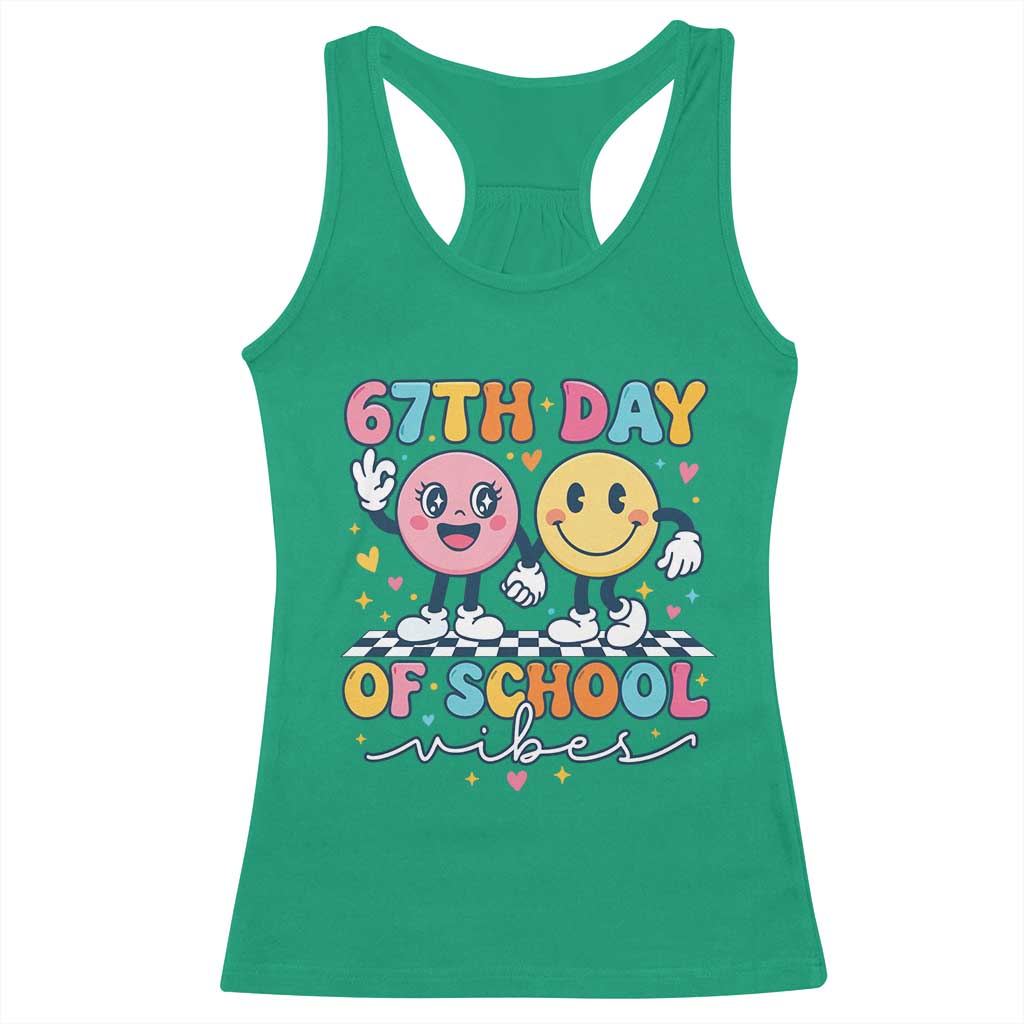 67th Day of School Vibes Racerback Tank Top Cute Retro Smiling Face for Students & Teachers - Wonder Print Shop