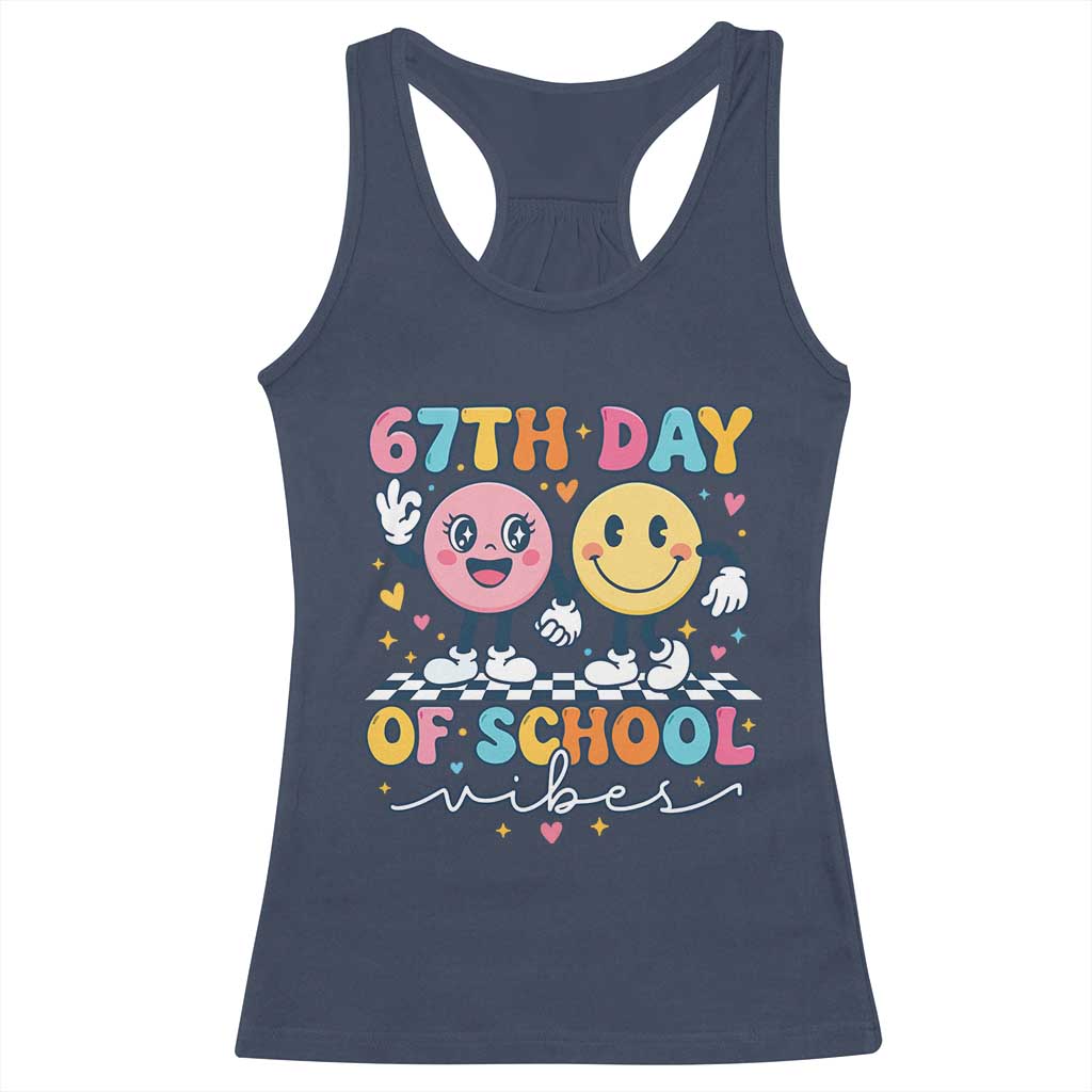 67th Day of School Vibes Racerback Tank Top Cute Retro Smiling Face for Students & Teachers - Wonder Print Shop