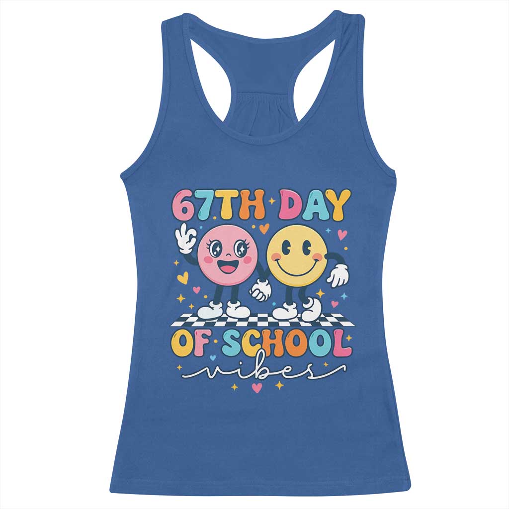 67th Day of School Vibes Racerback Tank Top Cute Retro Smiling Face for Students & Teachers - Wonder Print Shop