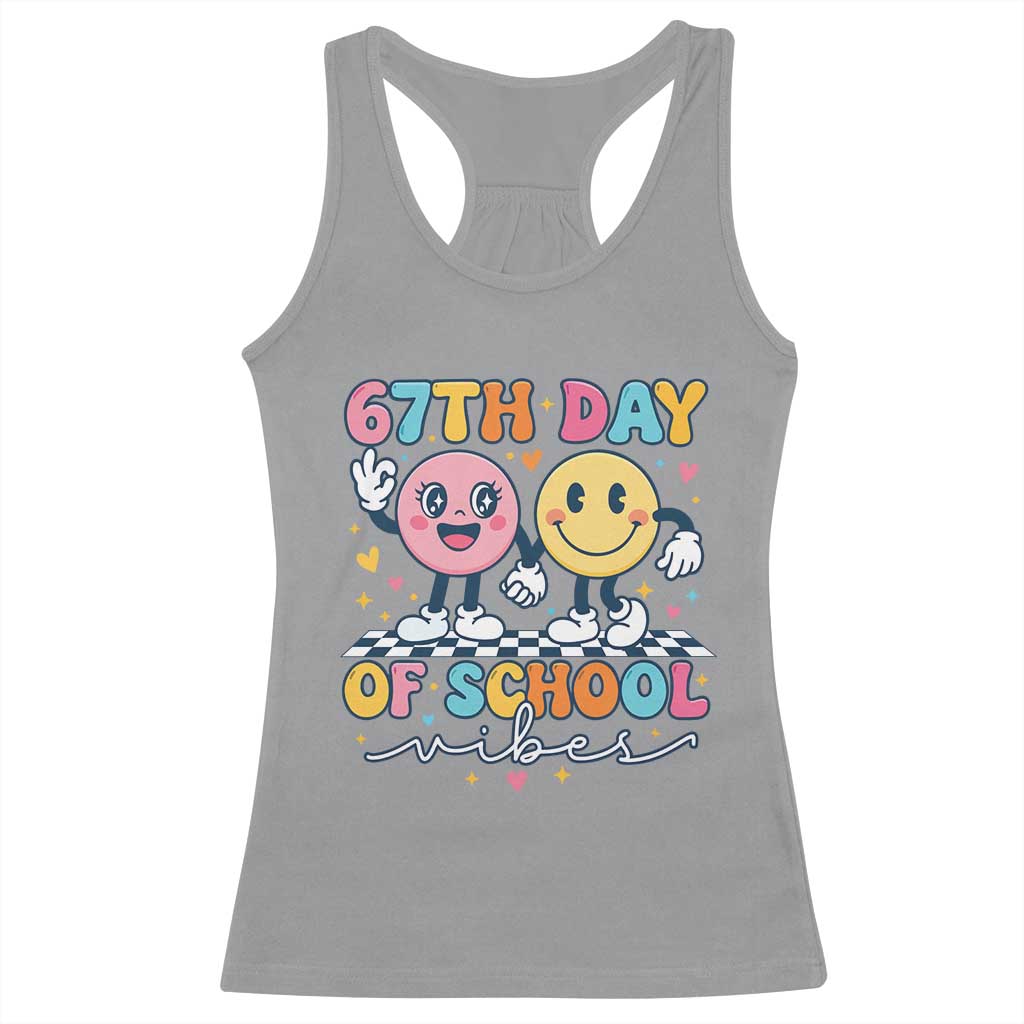 67th Day of School Vibes Racerback Tank Top Cute Retro Smiling Face for Students & Teachers - Wonder Print Shop