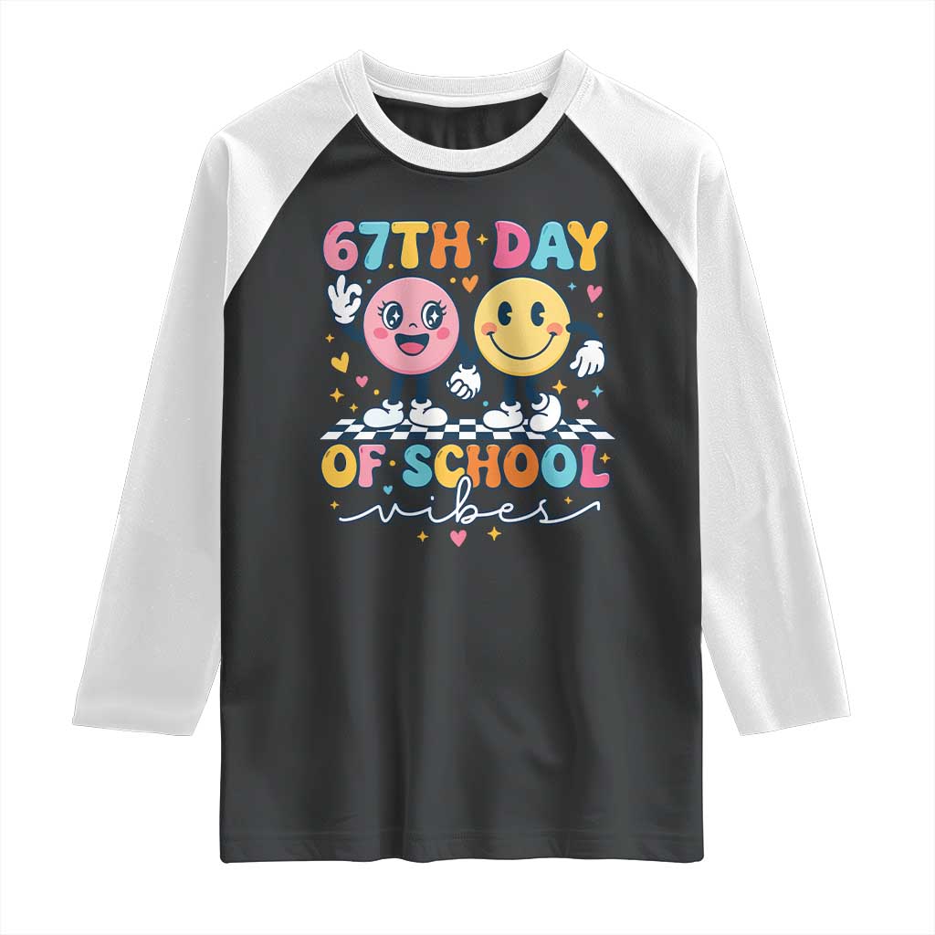 67th Day of School Vibes Raglan Shirt Cute Retro Smiling Face for Students & Teachers - Wonder Print Shop