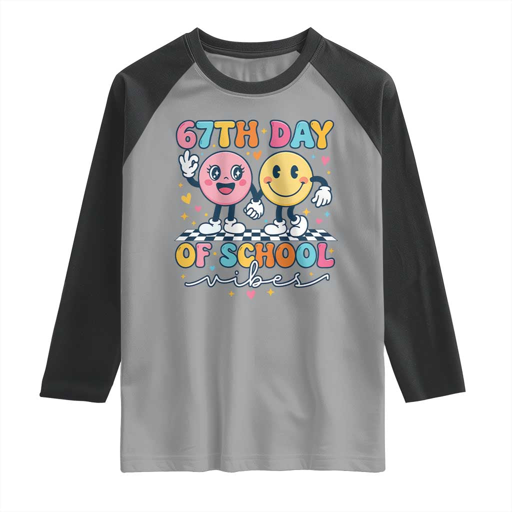 67th Day of School Vibes Raglan Shirt Cute Retro Smiling Face for Students & Teachers - Wonder Print Shop