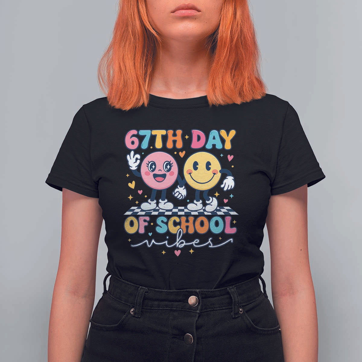 67th Day of School Vibes T Shirt For Women Cute Retro Smiling Face for Students & Teachers - Wonder Print Shop