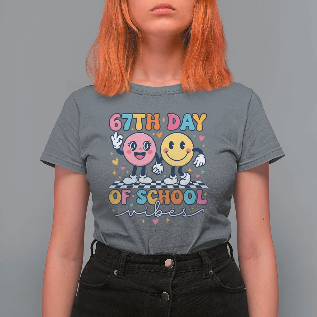 67th Day of School Vibes T Shirt For Women Cute Retro Smiling Face for Students & Teachers - Wonder Print Shop