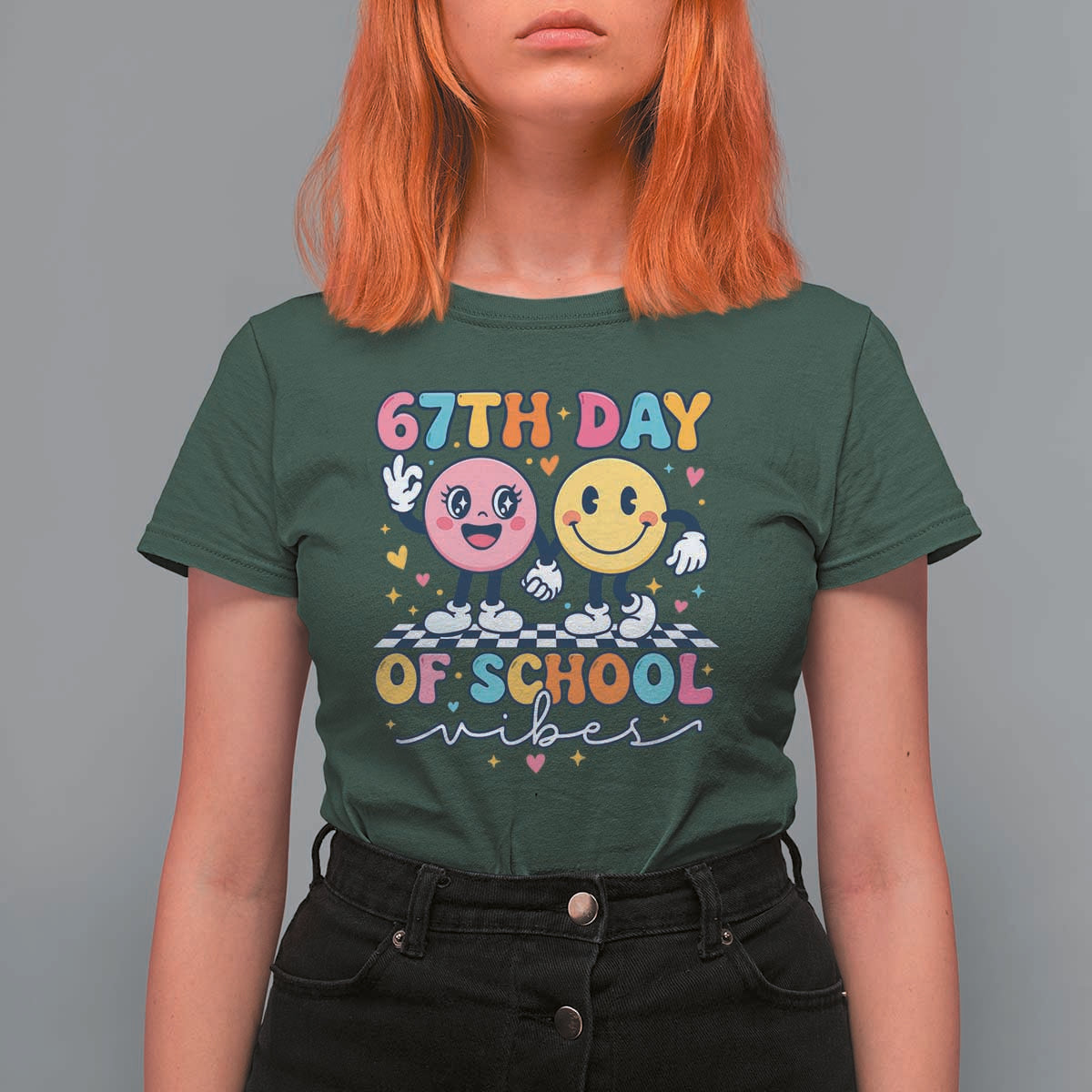 67th Day of School Vibes T Shirt For Women Cute Retro Smiling Face for Students & Teachers - Wonder Print Shop