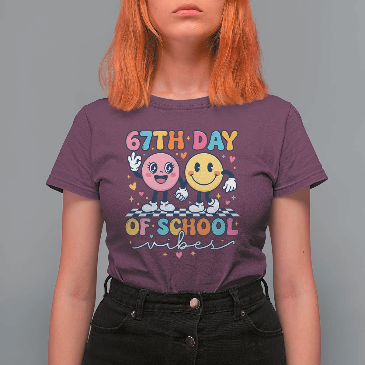 67th Day of School Vibes T Shirt For Women Cute Retro Smiling Face for Students & Teachers - Wonder Print Shop