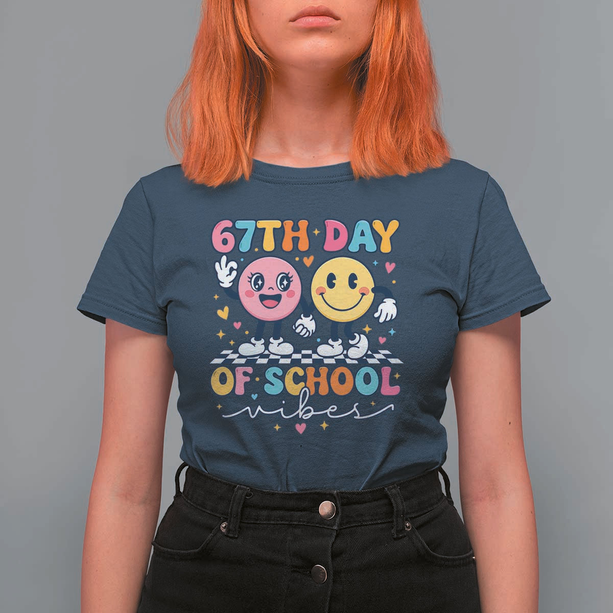 67th Day of School Vibes T Shirt For Women Cute Retro Smiling Face for Students & Teachers - Wonder Print Shop