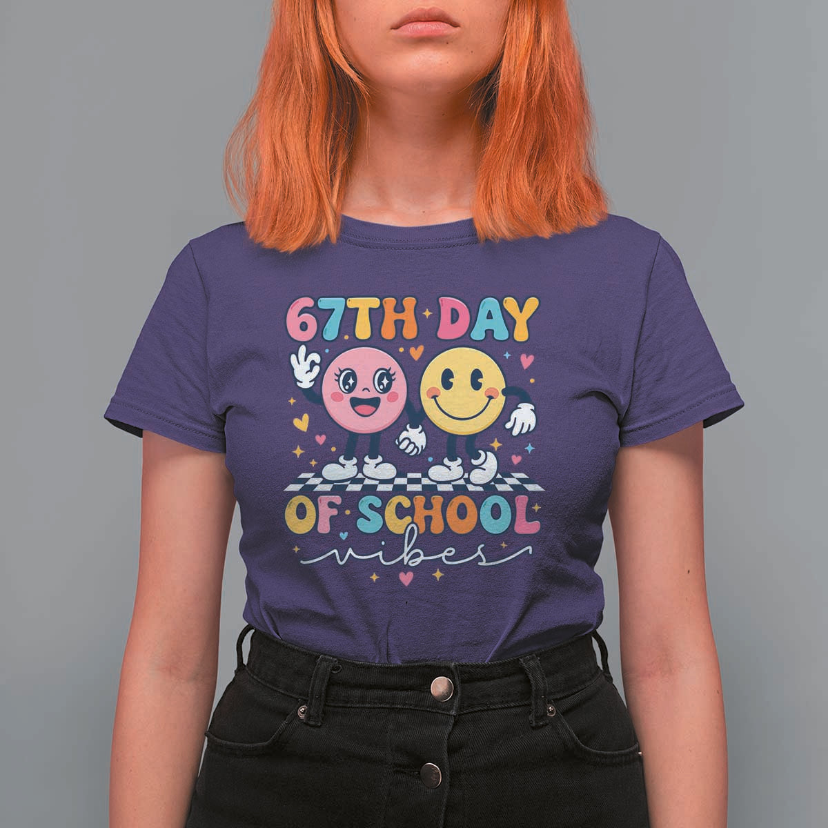 67th Day of School Vibes T Shirt For Women Cute Retro Smiling Face for Students & Teachers - Wonder Print Shop