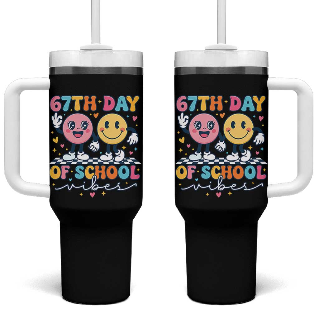 67th Day of School Vibes Tumbler With Handle Cute Retro Smiling Face for Students & Teachers - Wonder Print Shop