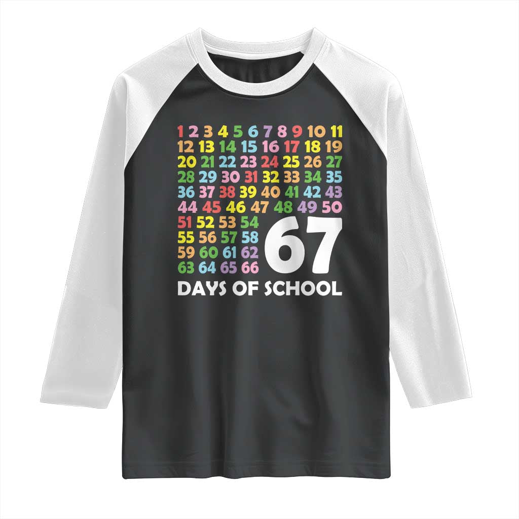 67 Days of School Raglan Shirt Colorful Countdown Grid Milestone Classroom Fun - Wonder Print Shop