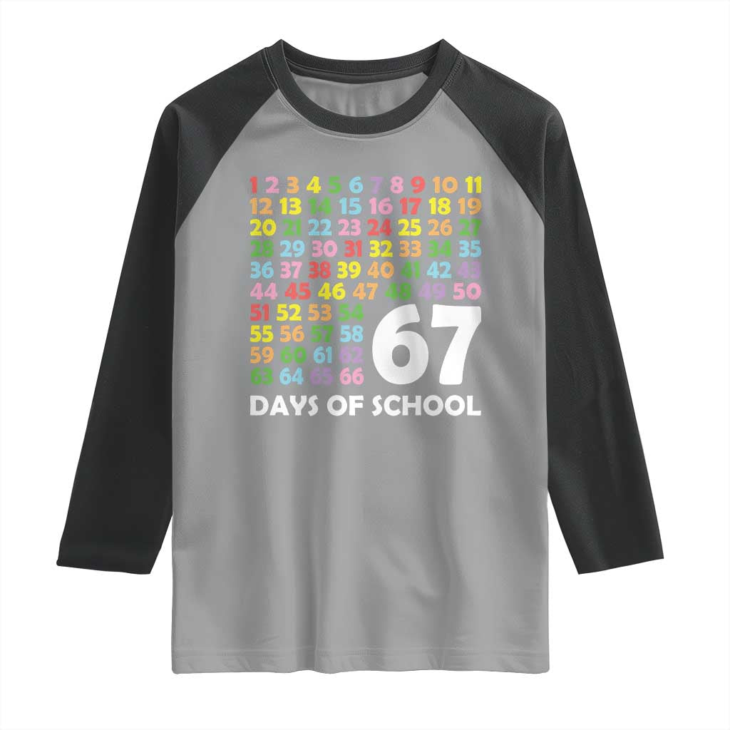 67 Days of School Raglan Shirt Colorful Countdown Grid Milestone Classroom Fun - Wonder Print Shop