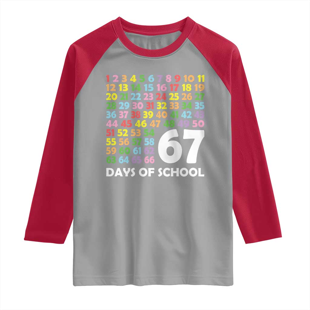 67 Days of School Raglan Shirt Colorful Countdown Grid Milestone Classroom Fun - Wonder Print Shop