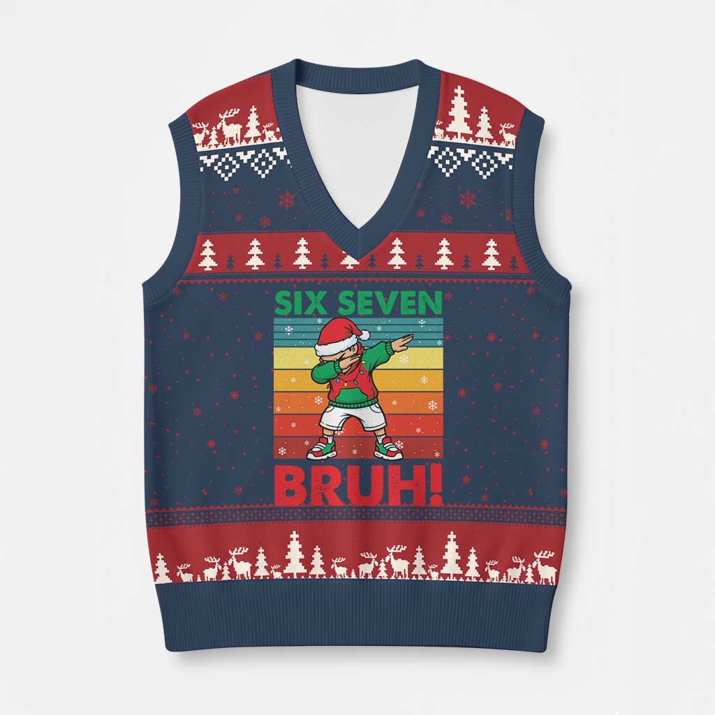 Six Seven Bruh Xmas Dabbing V-Neck Knit Sweater Vest Funny 67 Meme Retro Santa Kid Vibes - Wonder Print Shop