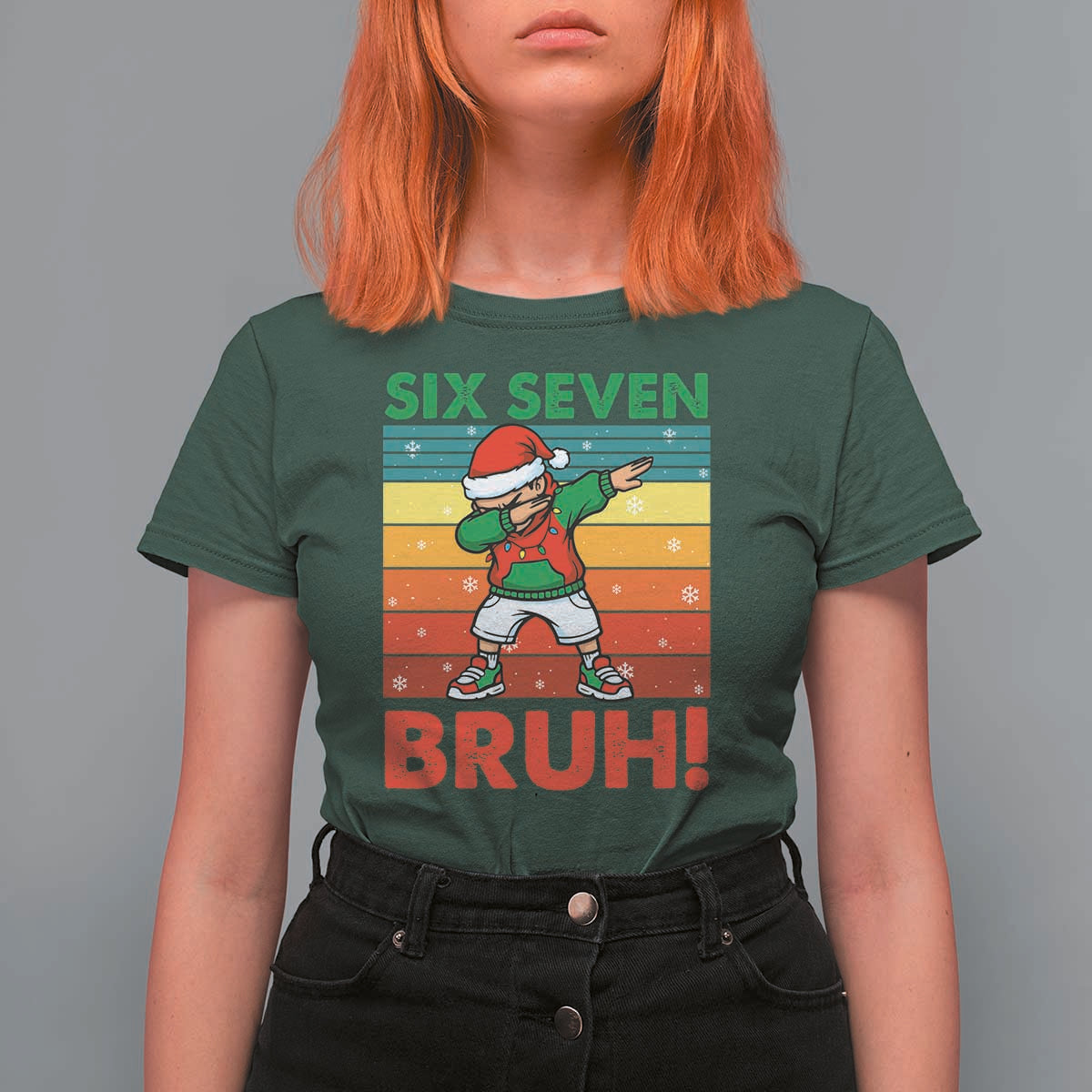 Six Seven Bruh Christmas Dabbing T Shirt For Women Funny 67 Meme Retro Santa Kid Vibes - Wonder Print Shop
