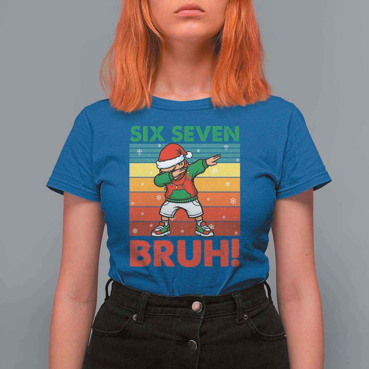 Six Seven Bruh Christmas Dabbing T Shirt For Women Funny 67 Meme Retro Santa Kid Vibes - Wonder Print Shop