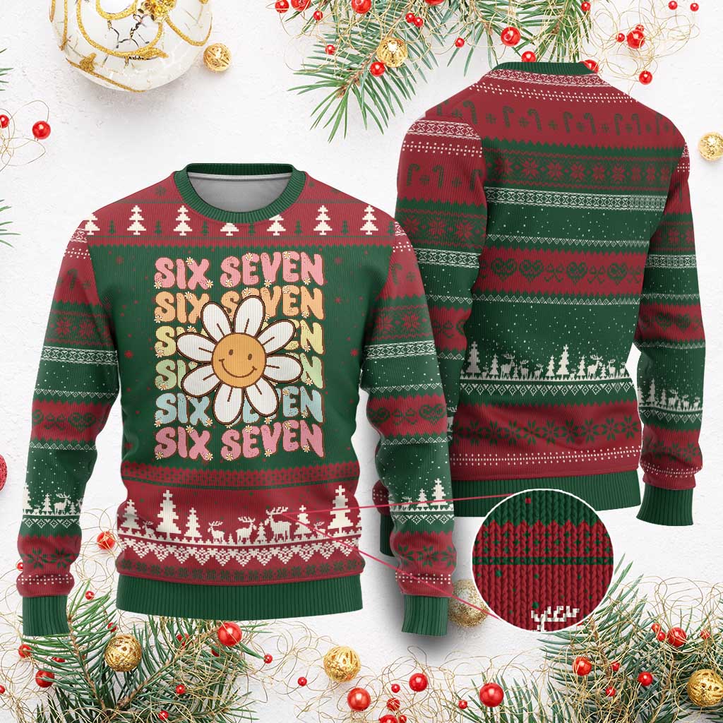 Six Seven Flower Power Ugly Christmas Sweater Viral 67 Meme with Retro Daisy - Wonder Print Shop