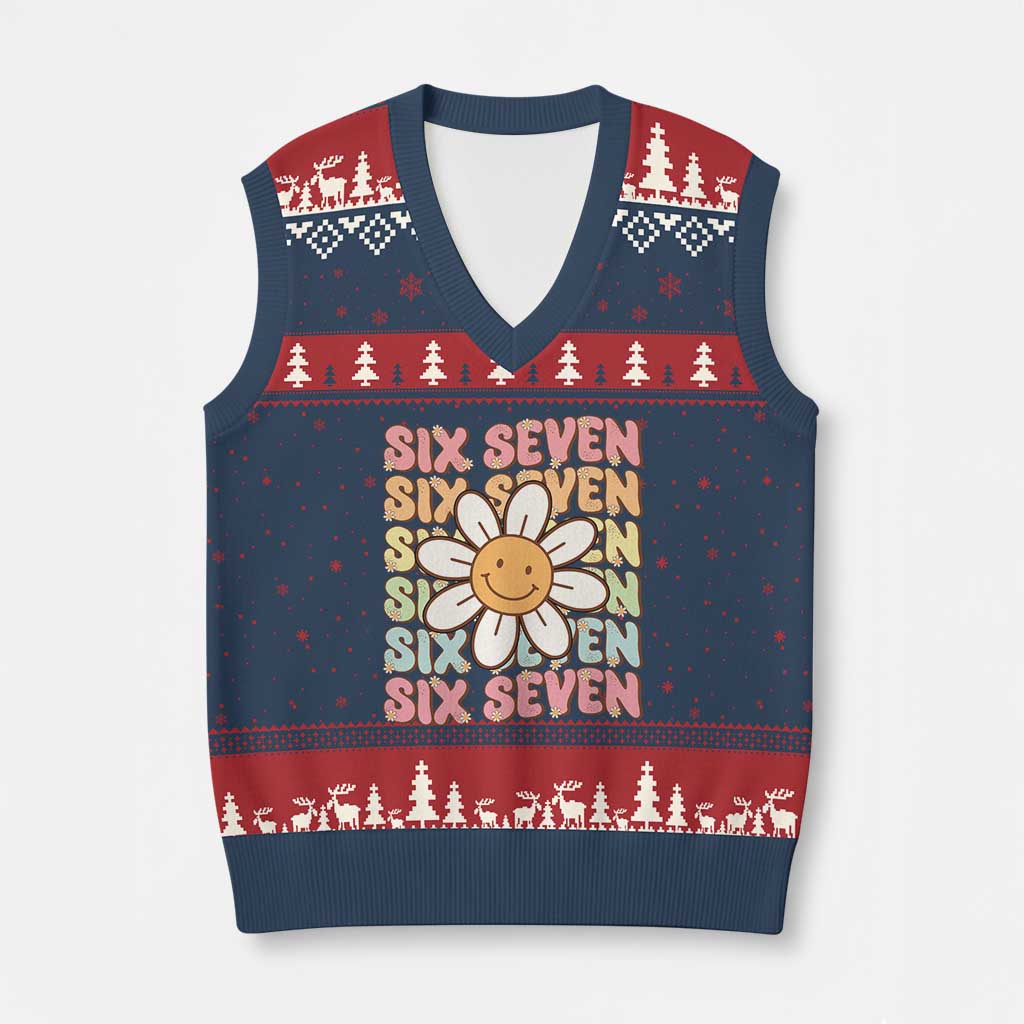 Six Seven Flower Power V-Neck Knit Sweater Vest Viral 67 Meme with Retro Daisy - Wonder Print Shop