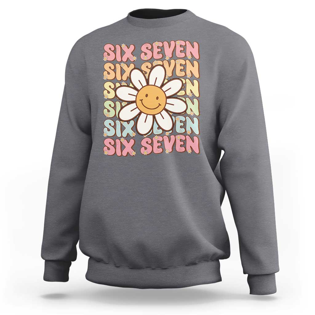 Six Seven Flower Power Sweatshirt Viral 67 Meme with Retro Daisy - Wonder Print Shop
