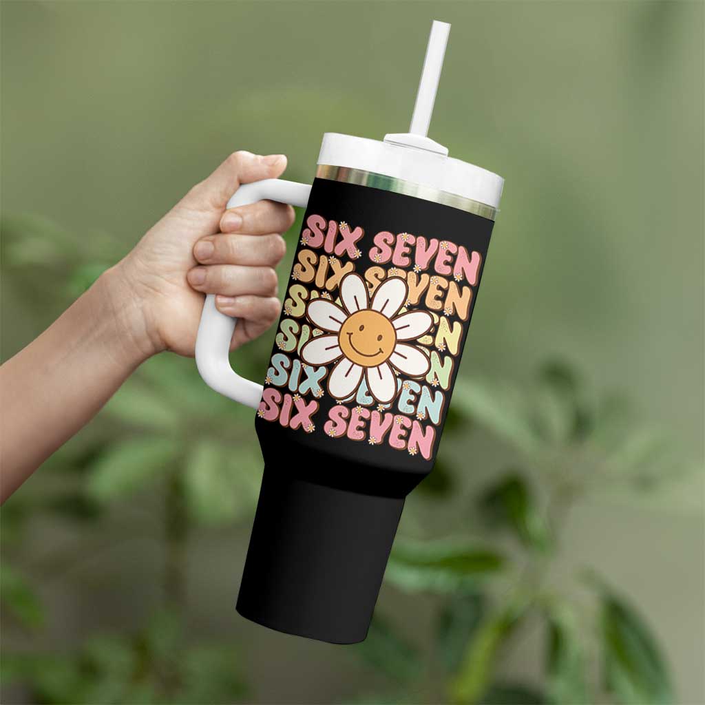 Six Seven Flower Power Tumbler With Handle Viral 67 Meme with Retro Daisy - Wonder Print Shop