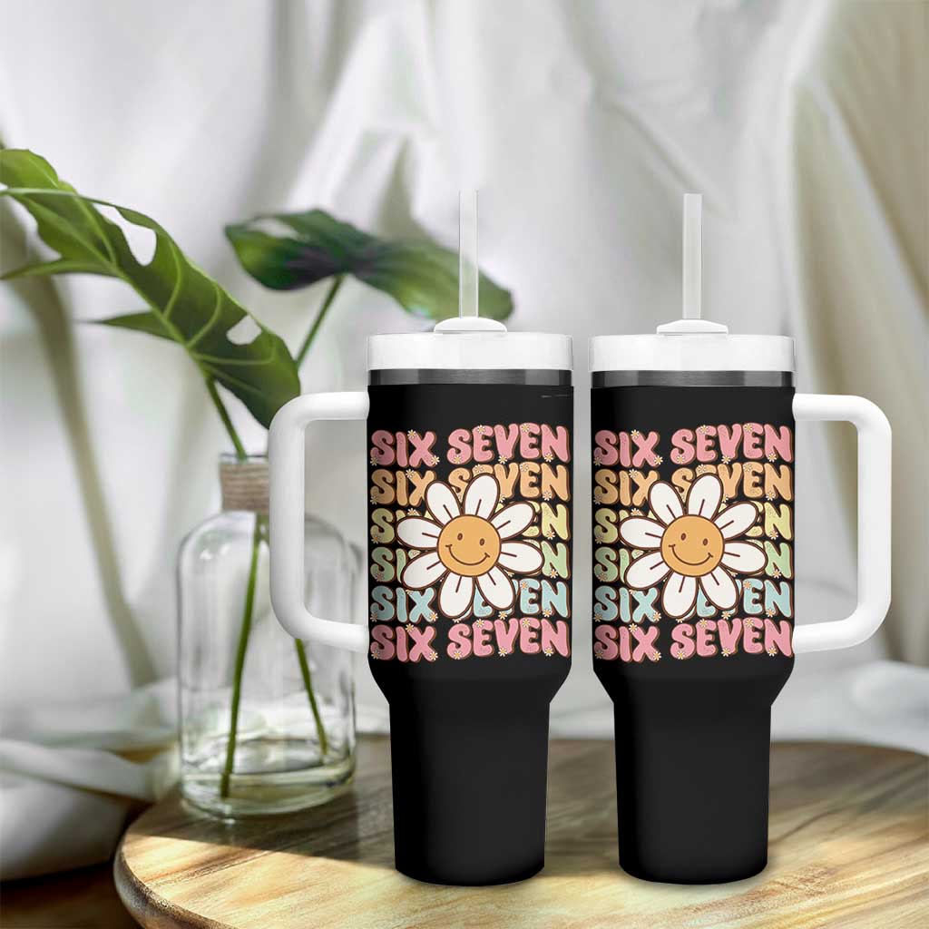 Six Seven Flower Power Tumbler With Handle Viral 67 Meme with Retro Daisy - Wonder Print Shop