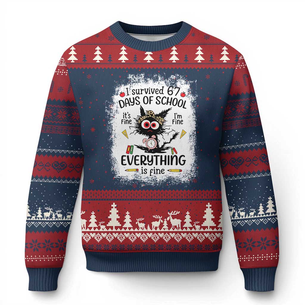 I Survived 67 Days of School Ugly Christmas Sweater Funny Teacher Black Cat Chaos Everything Is Fine - Wonder Print Shop