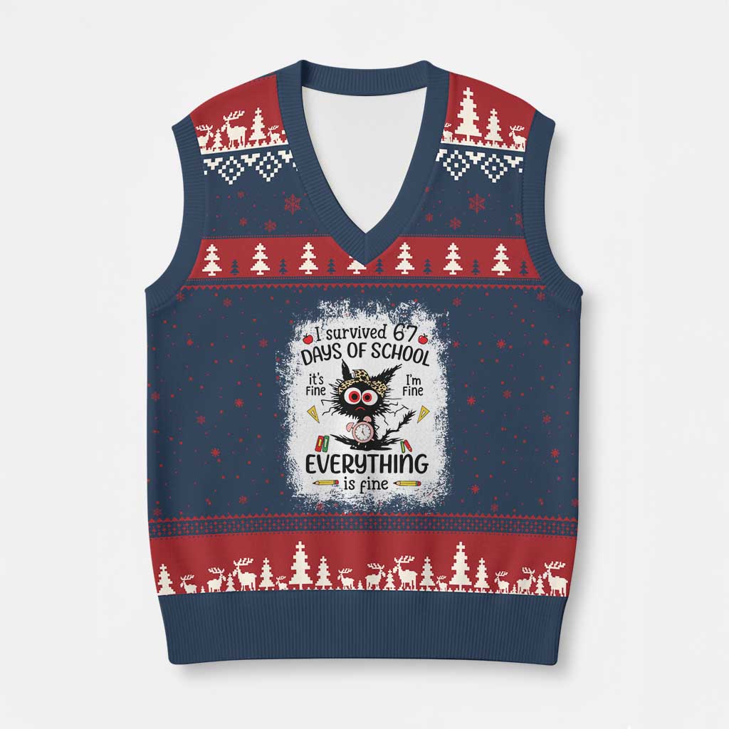 I Survived 67 Days of School V-Neck Knit Sweater Vest Funny Teacher Black Cat Chaos Everything Is Fine - Wonder Print Shop