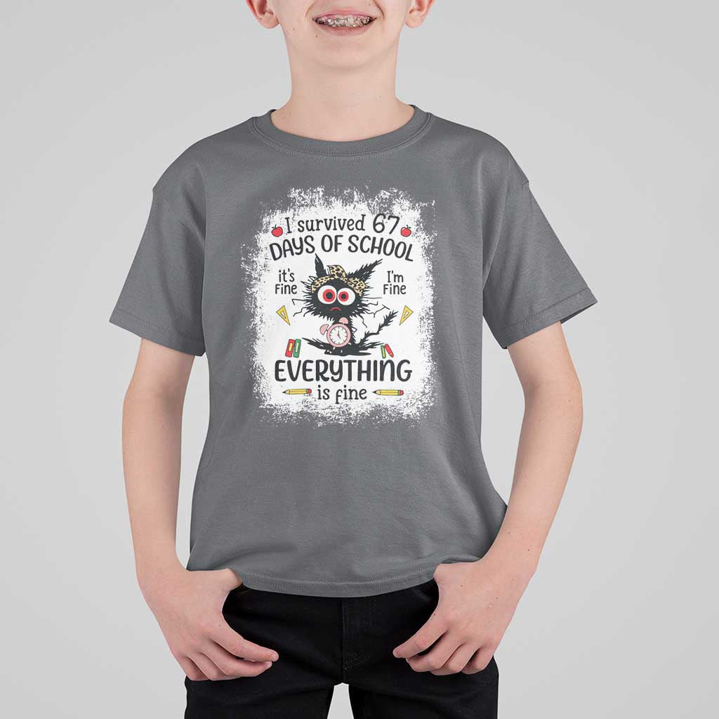 I Survived 67 Days of School T Shirt For Kid Funny Teacher Black Cat Chaos Everything Is Fine - Wonder Print Shop
