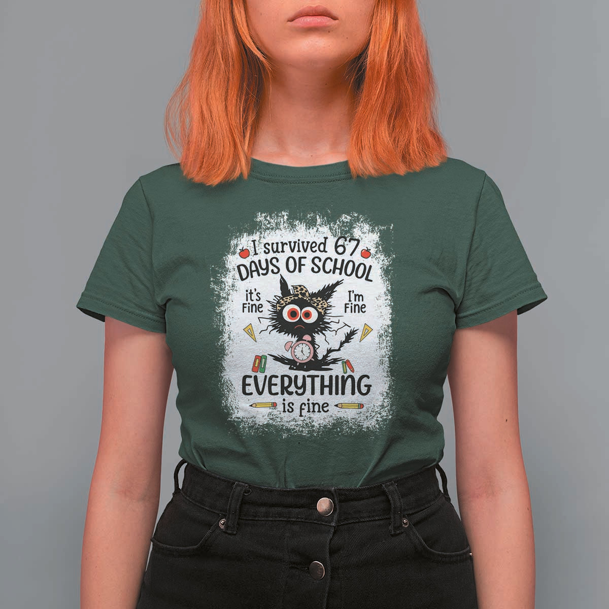 I Survived 67 Days of School T Shirt For Women Funny Teacher Black Cat Chaos Everything Is Fine - Wonder Print Shop
