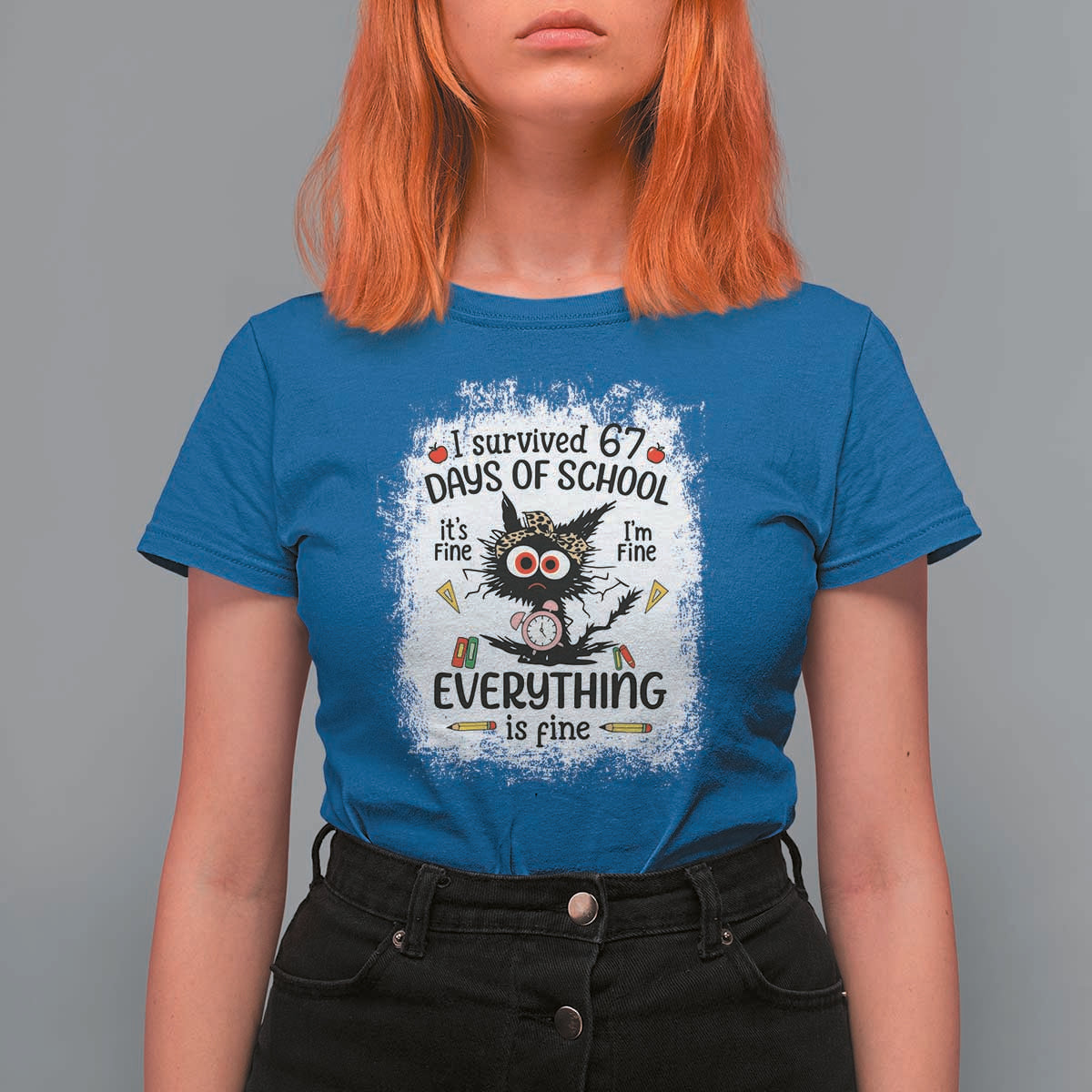 I Survived 67 Days of School T Shirt For Women Funny Teacher Black Cat Chaos Everything Is Fine - Wonder Print Shop