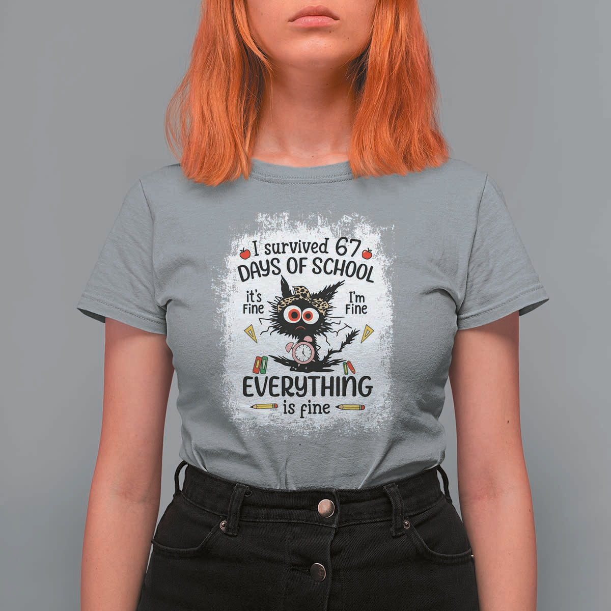 I Survived 67 Days of School T Shirt For Women Funny Teacher Black Cat Chaos Everything Is Fine - Wonder Print Shop