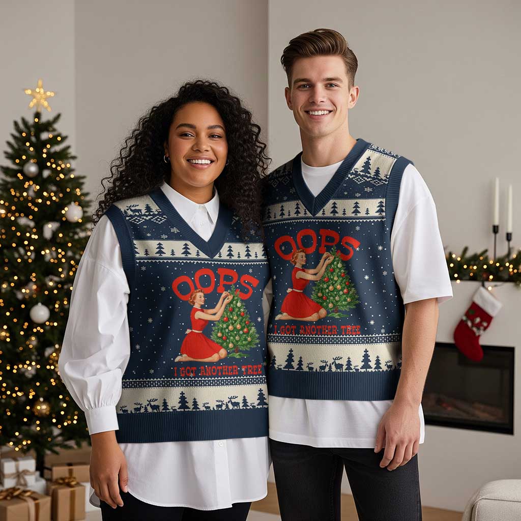 Funny Retro Xmas Pinup Girl V-Neck Knit Sweater Vest Oops I Got Another Tree Vintage Pin Up Style Holiday Humor - Wonder Print Shop