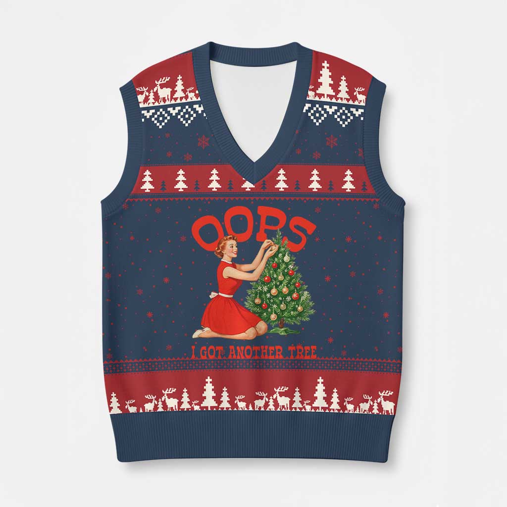 Funny Retro Xmas Pinup Girl V-Neck Knit Sweater Vest Oops I Got Another Tree Vintage Pin Up Style Holiday Humor - Wonder Print Shop