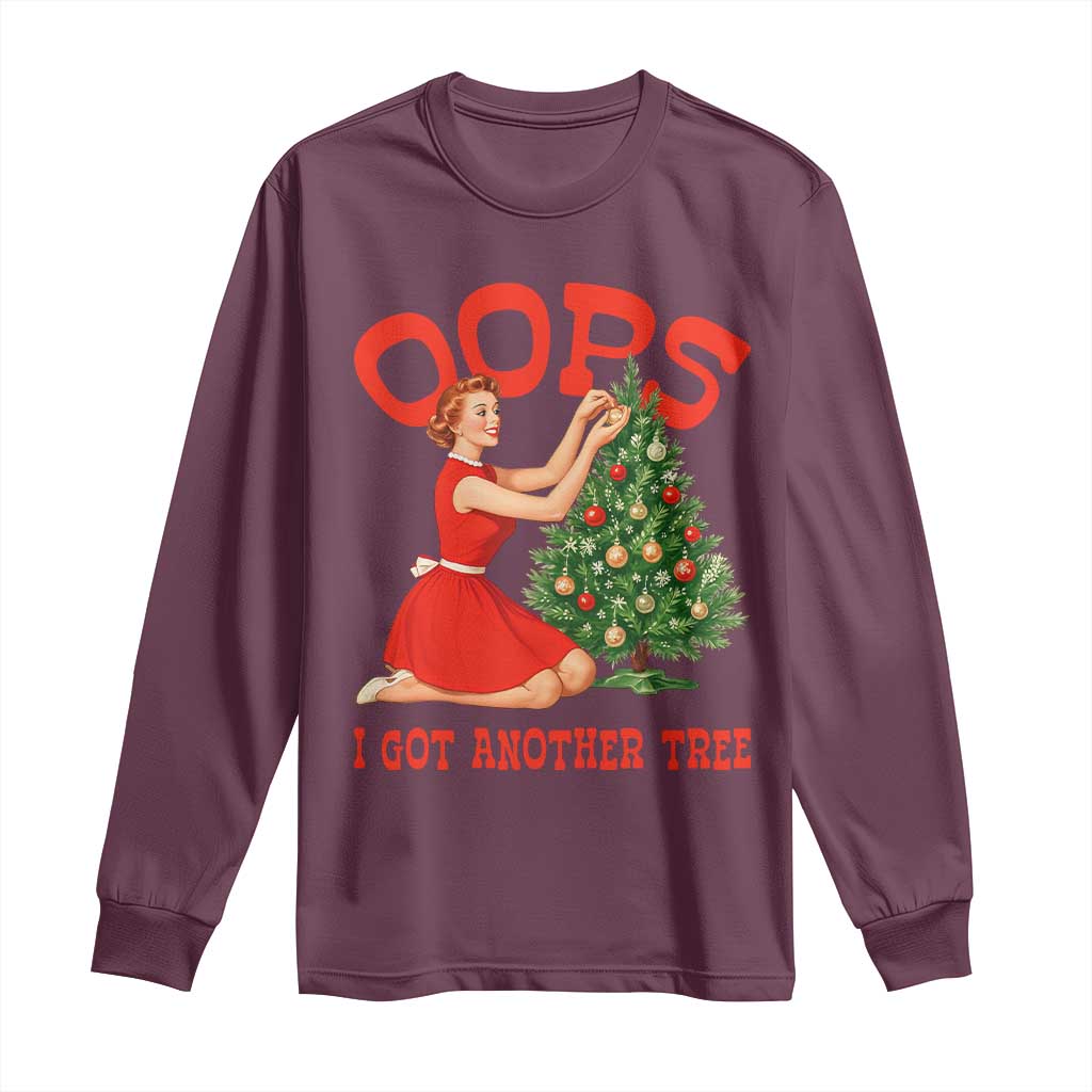 Funny Retro Christmas Pinup Girl Long Sleeve Shirt Oops I Got Another Tree Vintage Pin Up Style Holiday Humor - Wonder Print Shop