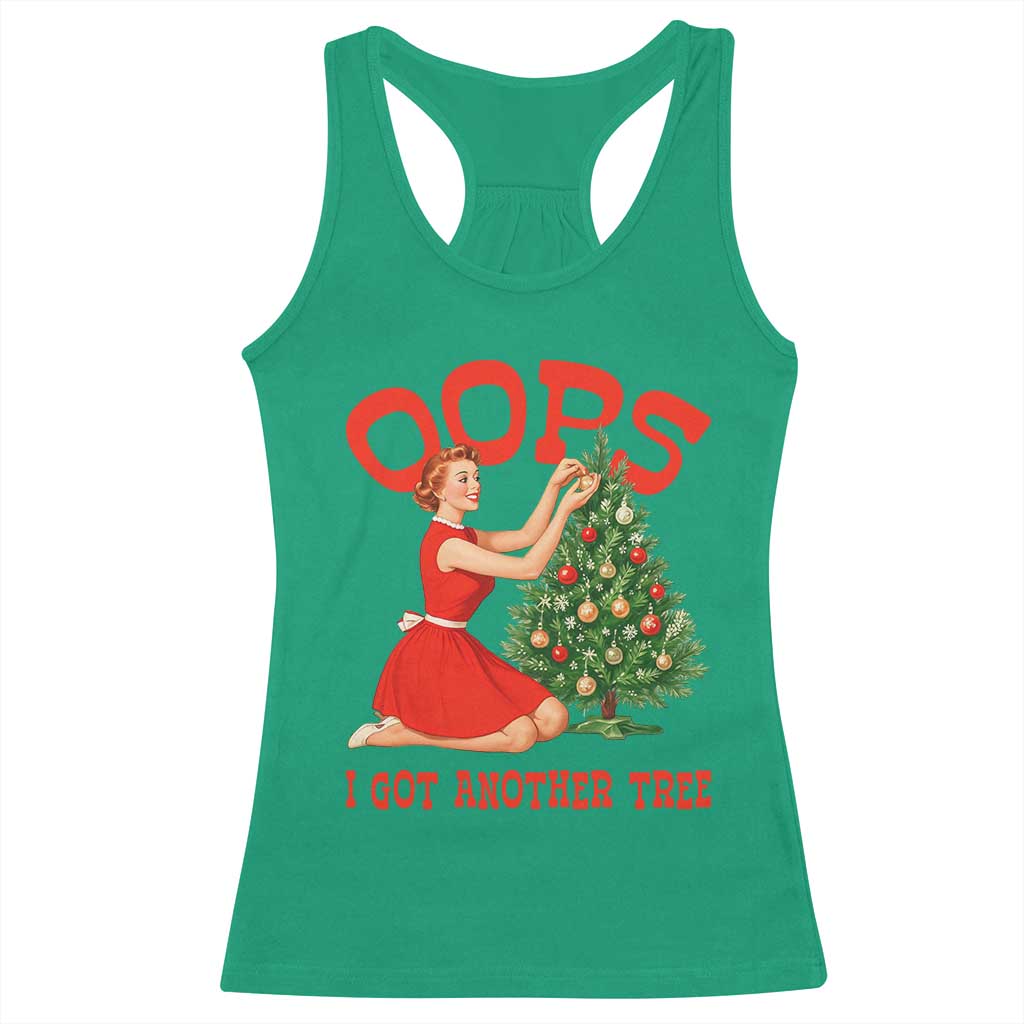 Funny Retro Christmas Pinup Girl Racerback Tank Top Oops I Got Another Tree Vintage Pin Up Style Holiday Humor - Wonder Print Shop