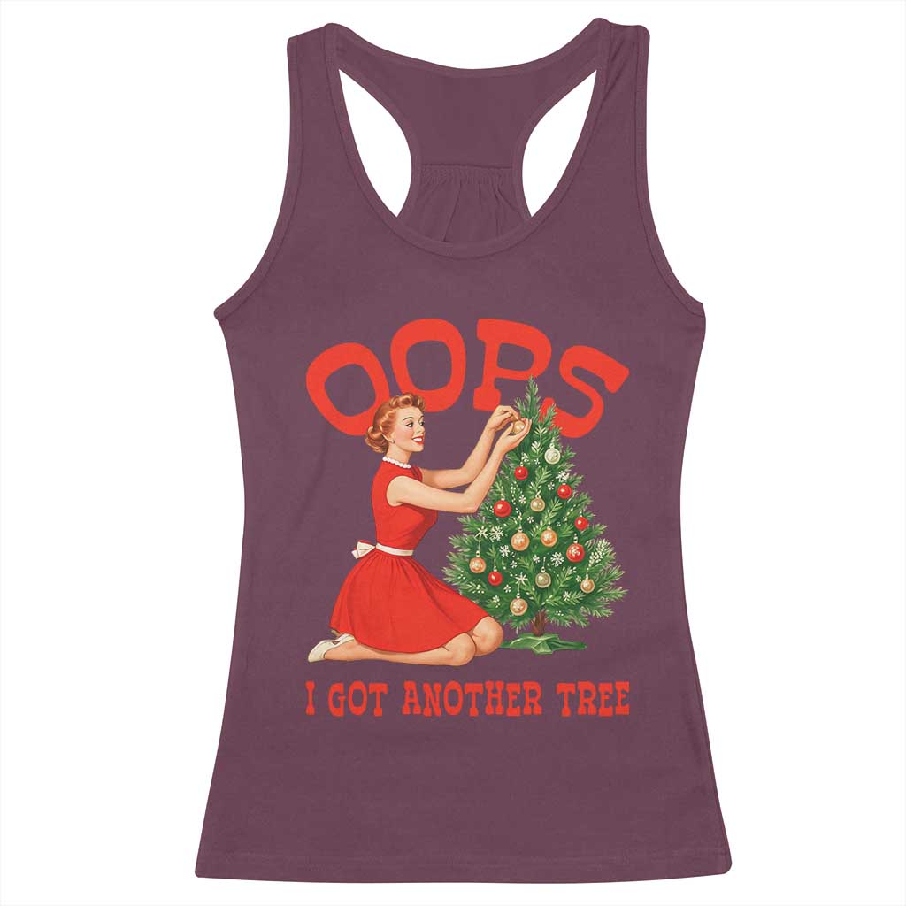 Funny Retro Christmas Pinup Girl Racerback Tank Top Oops I Got Another Tree Vintage Pin Up Style Holiday Humor - Wonder Print Shop