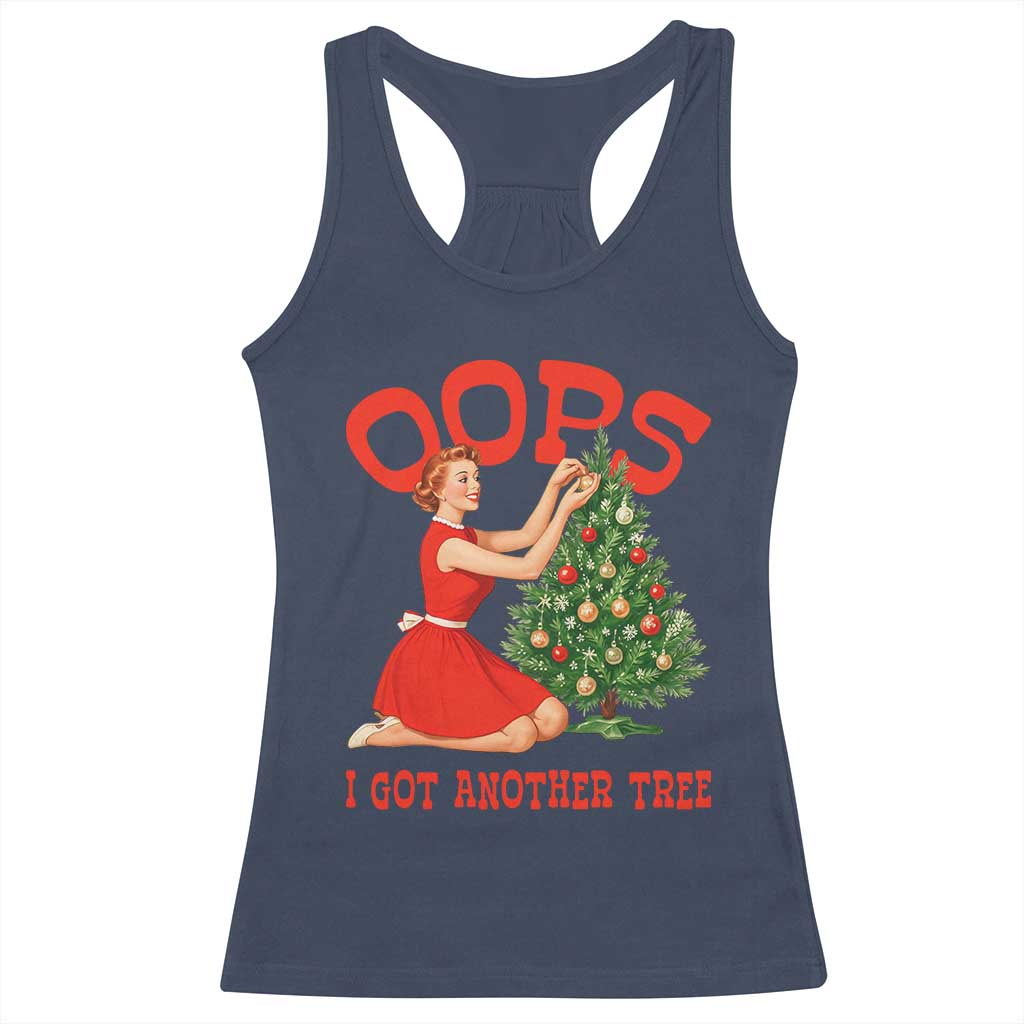 Funny Retro Christmas Pinup Girl Racerback Tank Top Oops I Got Another Tree Vintage Pin Up Style Holiday Humor - Wonder Print Shop